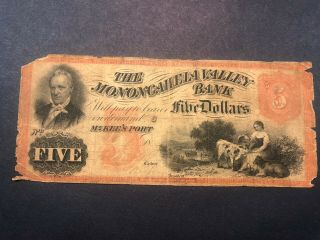 1800’s $5 The Monongahela Valley Bank Mckee’s Port,  Pa