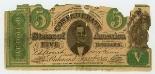 1861 Ct - 33 $5 Confederate States Of America (ctft. ) Note W/ Upham Imprint