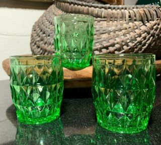 3 Jeannette Glass 5 Ounce Green Windsor 3 1/8 " Flat Tumblers Uranium -