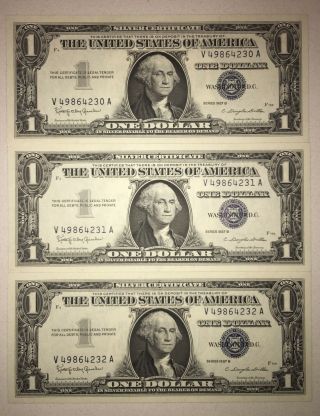 Set Of 3 Consecutive $1 Silver Certificates Choice Uncirculated 1957b