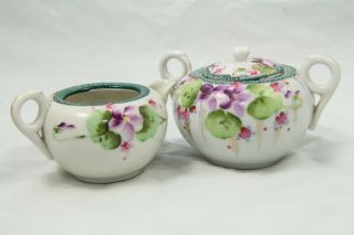 Vintage China Sugar And Creamer.  Nippon,  Je - Oh Hand Painted Porcelain Violets