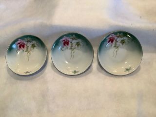 Vintage Pv Vessra Germany Hand Painted 3 Bowls Green/white Pink Flowers 5 1/2 “