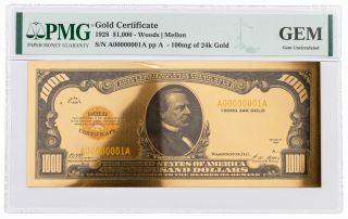 1928 $1,  000 24kt Gold Certificate Commemorative Pmg Gem Uncirculated