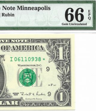 1995 $1 Minneapolis Star ⭐️ Frn,  Pmg Gem Uncirculated 66 Epq Banknote