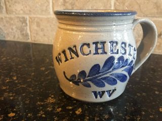 Rare Winchester West Virginia Blue,  Tan Floral Salt Glazed Pottery Mug Farmhouse