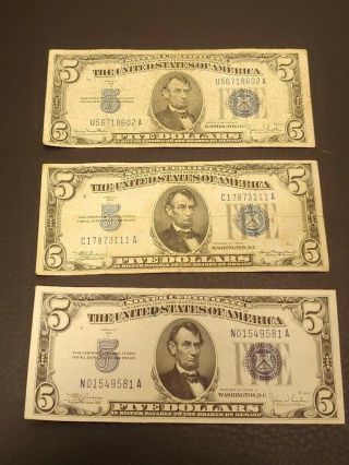 3 Blue Seal Five Dollar Bills All 1934