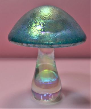 Vintage Medium Heron Glass Mushroom Paperweight Aqua Iridescent Lustre 10 Cm H1