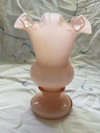 Vintage Hand Blown Art Glass Cased Pink Ruffled 6 1/2 " Vase
