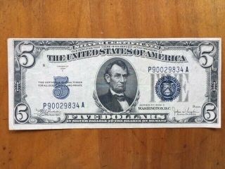 1934c Five Dollar Silver Certificate $5 Blue Seal,  No Tears Or Creases