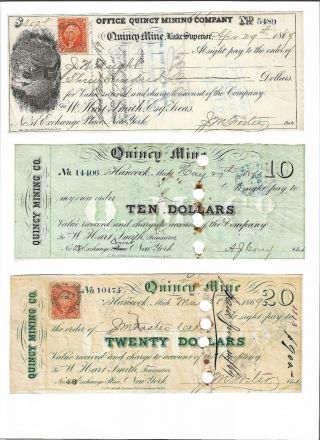 1860s $10,  $20,  $300 Quincy Mine,  Michigan,  Copper Mining Scrip Set