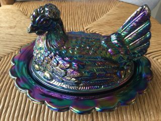 Vintage Fenton Chicken Hen On Nest Purple Iridescent Carnival Glass Wow