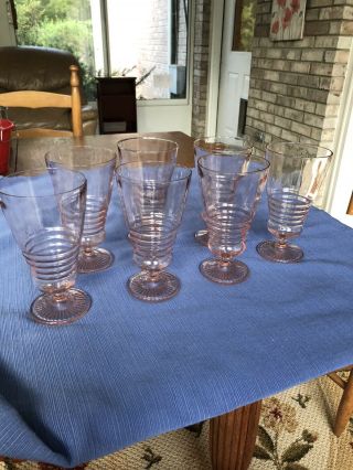 Vintage Anchor Hocking Pink Depression Glass Footed Goblets Set Of 7