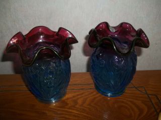 Fenton Vases Blue With Maroon Fluted Lip 5 In Tall.  No Boxes