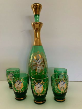 Vintage Hand Blown Italian Murano Green Glass Decanter And 5 Cups - -