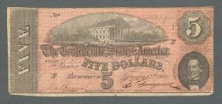 1864 Us $5 Five Dollars - The Confederate States Of America Note / Bill - S336