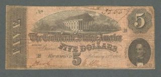 1864 Us $5 Five Dollars - The Confederate States Of America Note / Bill - S335