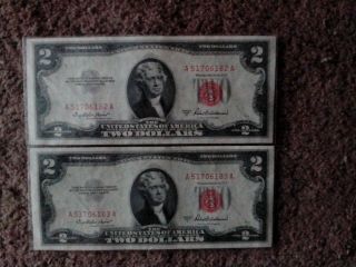 1953 Series A $2 Two Dollar Notes,  Consecutive Pair,  Au,  Crisp,  Red Seals