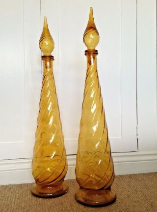 Vintage Amber Glass Italian Empoli Genie Bottle Decanter With Stopper