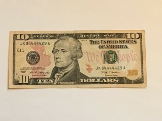 2009 $10 Fancy Serial Number 5 Of A Kind (4 