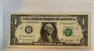 2013 $1 Fancy Serial Number B78288287f Uncirculated Dollar Bill Currency Us