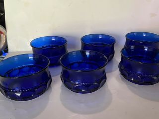 Indiana Glass Kings Crown Tiara Thumbprint Cobalt Blue Dessert Bowls Vg Set 6