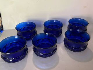 Indiana Glass Kings Crown Tiara Thumbprint Cobalt Blue Dessert Bowls VG Set 6 2
