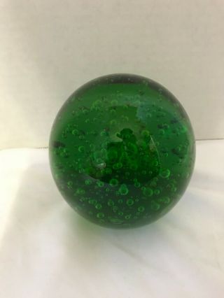 Vintage Large 4 " Round Green Art Glass Ball Paperweight With Controlled Bubbles