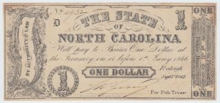 North Carolina Nc State Confederate Currency 1862 1 Dollar