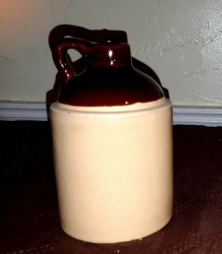Vintage Stoneware 6 " Tall Little Whiskey/water Jug Two - Toned Brown W/top Glaze