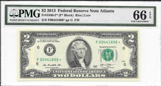 2013 $2 Atlanta Star Frn (f Block) Pmg 66 Epq Gem Uncirculated