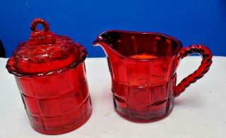 Viking Glass Crystal Ashley Basket Weave Ruby Red Creamer & Sugar With Lid