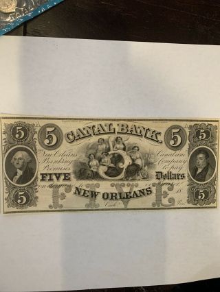 Us Currency - $5 Dollar Obsolete Bank Note - Canal Bank,  Orleans