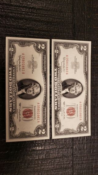 1963 Two Dollar Bill Red Seal 2 Consecutive Uncirculated A05801660a A05801661a