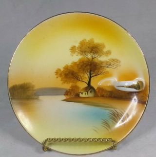 Vtg.  Noritake Japan Hand Painted Porcelain Nappy Serving Dish Cabin By The Lake.