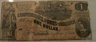 T - 44 $1 Confederate Paper Money June 2,  1862