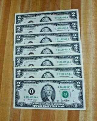 7 Consecutive Serial Number 2 Two Dollar Bills Circulated