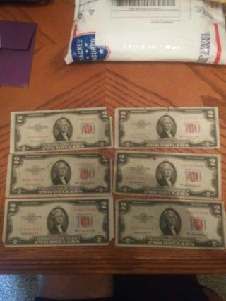 6 1953 Two Dollar Bills • Well Circulated ($2) Red Seal Notes