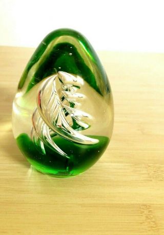 Art Cut Paperweight Glass Egg Shaped Hand Blown Green Clear Inside Swirl Vintage