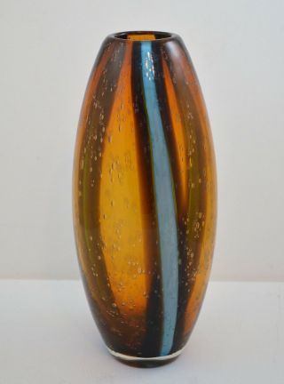 Vintage Art Glass Modern Vase Amber Blue Accents Bubbles