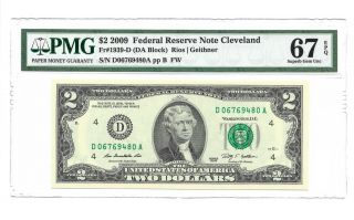 2009 $2 Cleveland Frn,  Pmg Gem Uncirculated 67 Epq Banknote