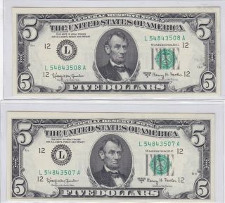 Kappyscoins W5109 1963a $5.  00 Pair Consecutive Sn Federial Reserve Notes Gem Cu