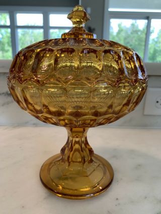 Vintage Fenton Amber Glass Thumbprint Large Compote Candy Dish With Lid