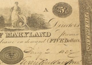 Jan,  2,  1832 Bank Of Maryland Baltimore,  Md $5 Obsolete Banknote 683g