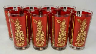 Culver Thai Dancer Glasses,  8 Red & Gold Cocktail Highballs,  Vintage Barware