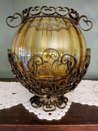 Mid Century/retro/vintage Black Wrought Iron Amber Glass Vase/urn - Spain