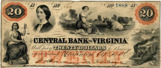 1860 $20 The Central Bank Of Virginia Staunton,  Virginia Va.  Note 1889