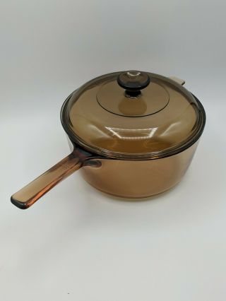 Vintage Vision Corning Ware Pot Saucepan Cookware Amber 2.  5l W/ Pyrex Lid Cover