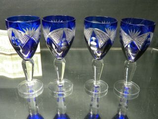 Set Of 4 Cobalt Blue Cased Cut To Clear Crystal Cordial