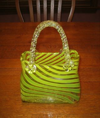 Hand Blown Art Glass Purse Vase Handbag Green Swirls Murano Style Heavy 9”