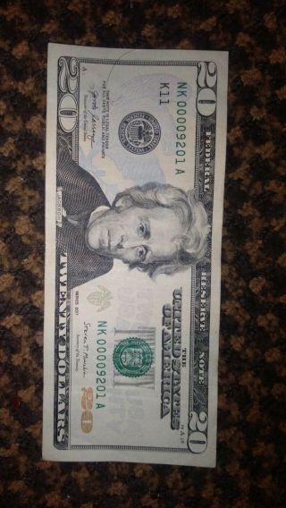 $20 Twenty Dollar Bill Unique Fancy Low Serial Number 00009201 Money Cash